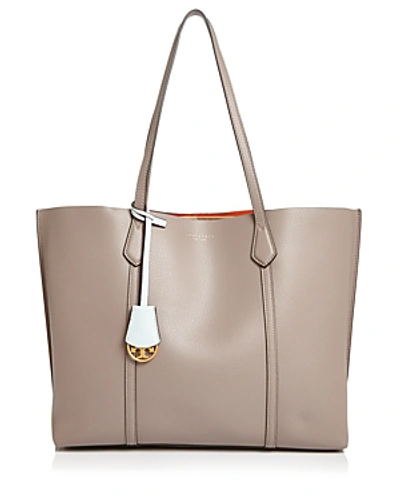 Shop Tory Burch Perry Leather Tote In Gray Heron/gold