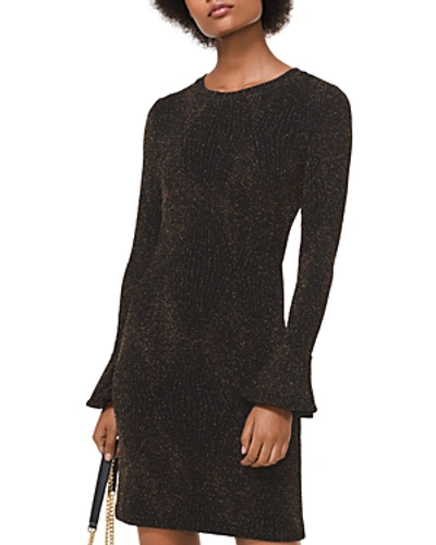 Shop Michael Michael Kors Metallic Stretch-knit Flare Cuff Dress In Black/gold