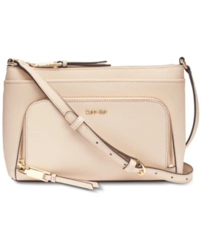 Shop Calvin Klein Lily Saffiano Leather Crossbody In Light Sand/gold