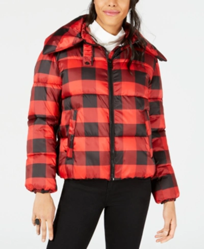 Shop Kendall + Kylie Plaid Cropped Puffer Coat In Red Plaid