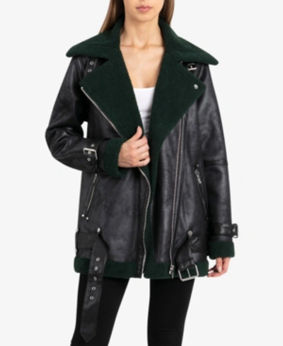 Shop Avec Les Filles Faux-shearling Moto Coat In Black/bottle Green