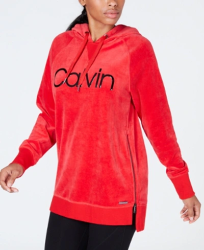 Shop Calvin Klein Performance Side-zip Tunic Hoodie In Red