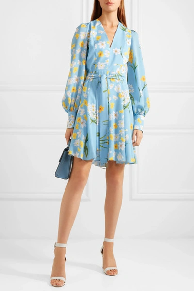 Shop Andrew Gn Belted Floral-print Silk Mini Dress In Blue