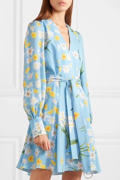 Shop Andrew Gn Belted Floral-print Silk Mini Dress In Blue