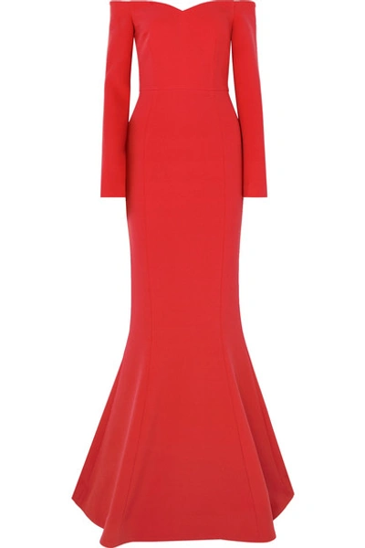 Shop Rebecca Vallance L'amour Off-the-shoulder Crepe Gown In Red