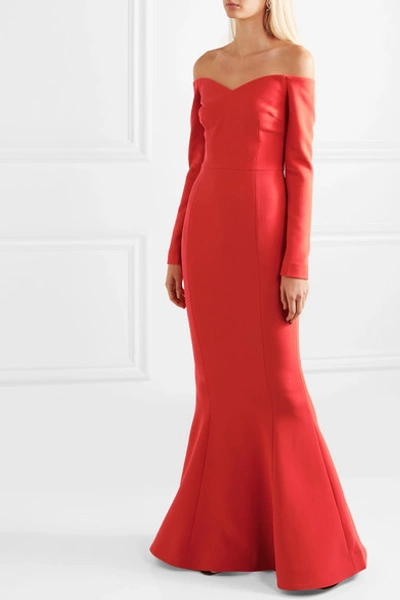 Shop Rebecca Vallance L'amour Off-the-shoulder Crepe Gown In Red