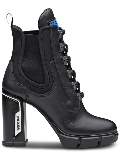 Shop Prada Laced Leather Booties - Black