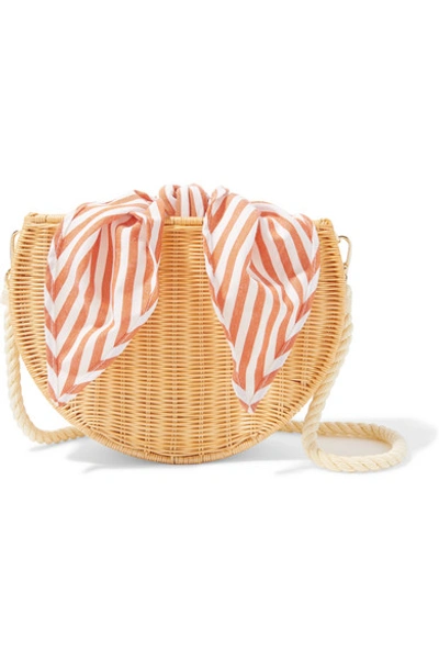 Shop Kayu Dylan Wicker And Striped Cotton-canvas Shoulder Bag In Beige