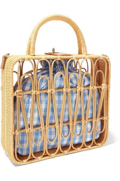 Shop Kayu Safia Leather-trimmed Rattan And Gingham Cotton-canvas Tote In Beige
