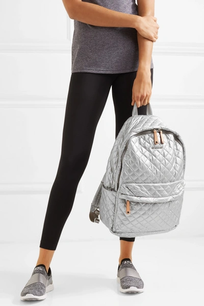Shop Mz Wallace Metro Leather-trimmed Metallic Quilted Shell Backpack In Silver