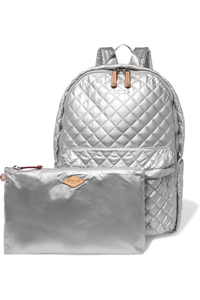Shop Mz Wallace Metro Leather-trimmed Metallic Quilted Shell Backpack In Silver