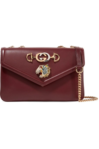 Shop Gucci Rajah Medium Embellished Leather Shoulder Bag