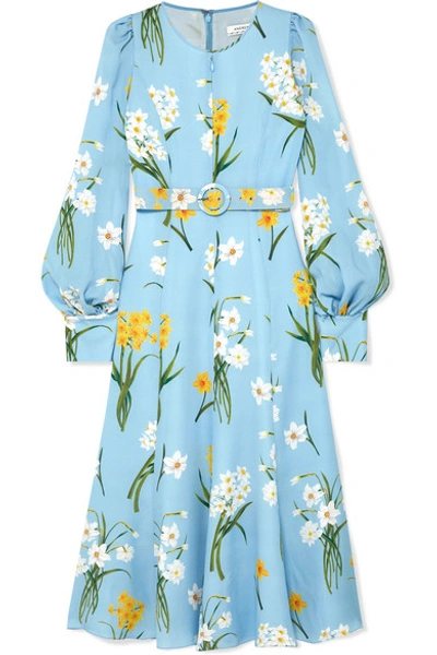 Shop Andrew Gn Belted Floral-print Silk Midi Dress In Blue