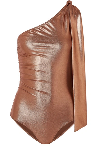 Shop Lisa Marie Fernandez Arden Metallic One-shoulder Ruched Swimsuit In Bronze