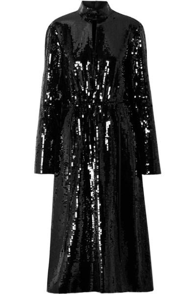 Shop Tibi Avril Shell-paneled Sequined Cotton Midi Dress In Black
