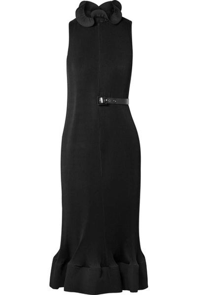 Shop Tibi Ruffled Belted Plissé-crepe Dress In Black