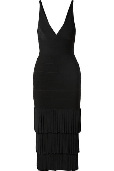 Shop Herve Leger Fringed Bandage Midi Dress In Black