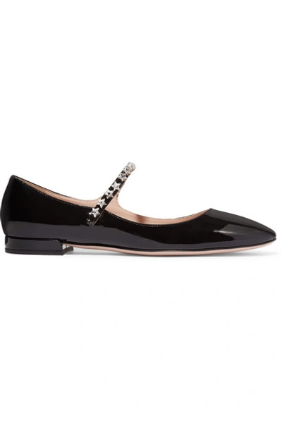 Shop Miu Miu Crystal-embellished Patent-leather Mary Jane Ballet Flats In Black