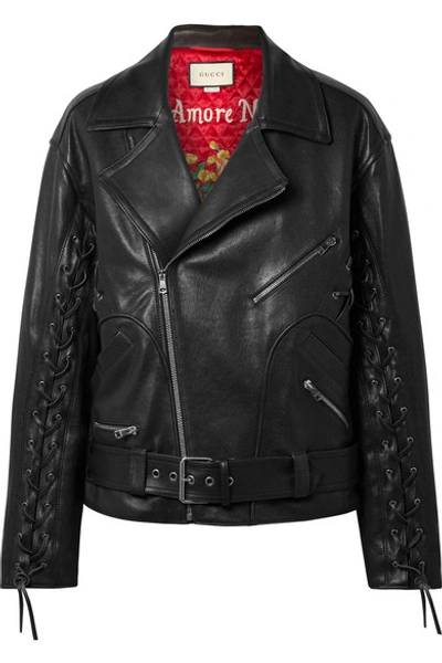Shop Gucci Oversized Lace-up Painted Leather Biker Jacket In Black