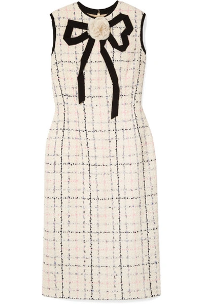 Shop Gucci Grosgrain-trimmed Checked Tweed Dress In Ivory