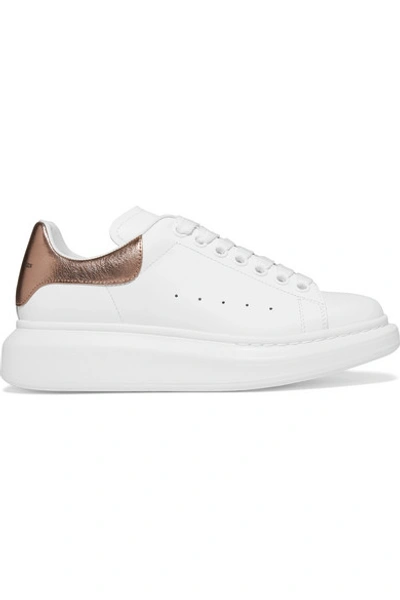 Shop Alexander Mcqueen Metallic-trimmed Leather Exaggerated-sole Sneakers In White