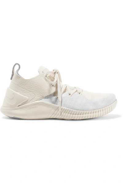 Shop Nike Free Tr 3 Champagne Crinkled Leather-trimmed Flyknit Sneakers In Ecru