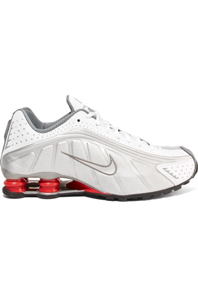 Shop Nike Shox R4 Metallic Leather Sneakers In Silver