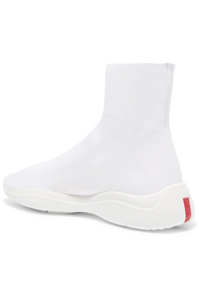 Shop Prada Logo-embellished Stretch-knit Slip-on Sneakers In White