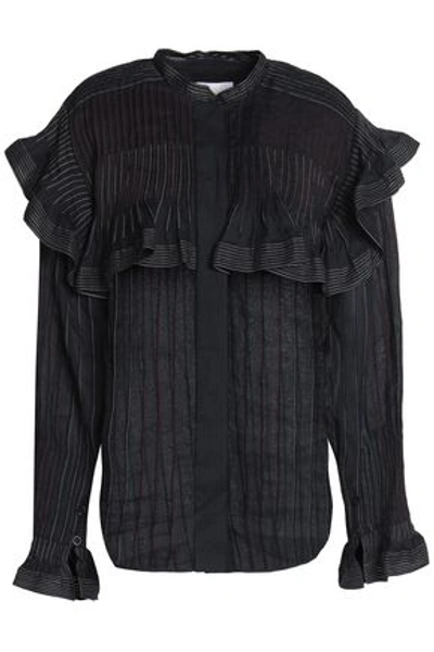 Shop Chloé Ruffle-trimmed Pleated Ramie Shirt In Midnight Blue