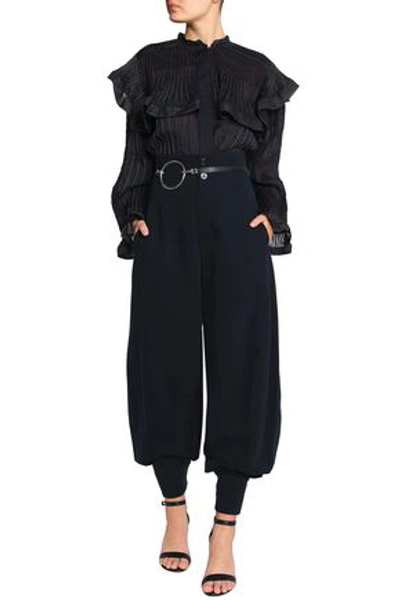 Shop Chloé Ruffle-trimmed Pleated Ramie Shirt In Midnight Blue