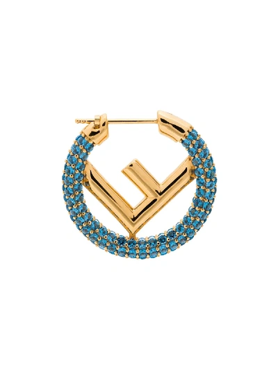 Shop Fendi Blue F Is  Small Crystal Embellished Hoop Earring - Gold