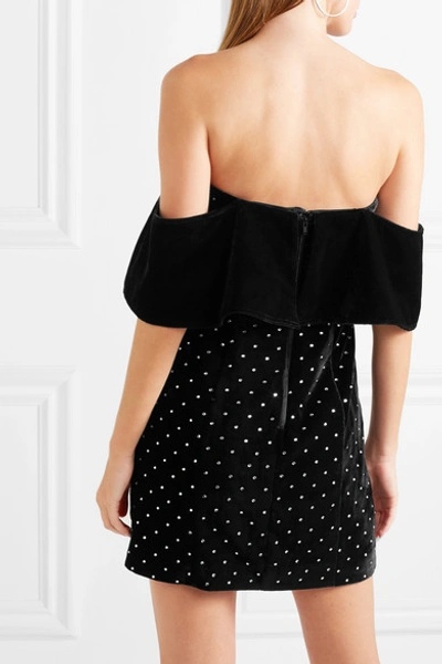 Shop Self-portrait Off-the-shoulder Embellished Velvet Mini Dress In Black