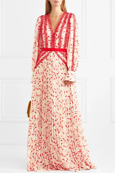 Shop Self-portrait Crescent Guipure Lace-trimmed Pleated Printed Chiffon Maxi Dress In Red