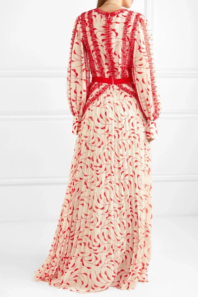Shop Self-portrait Crescent Guipure Lace-trimmed Pleated Printed Chiffon Maxi Dress In Red