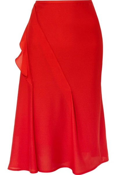 Shop Victoria Beckham Ruffled Silk Crepe De Chine Midi Skirt In Red