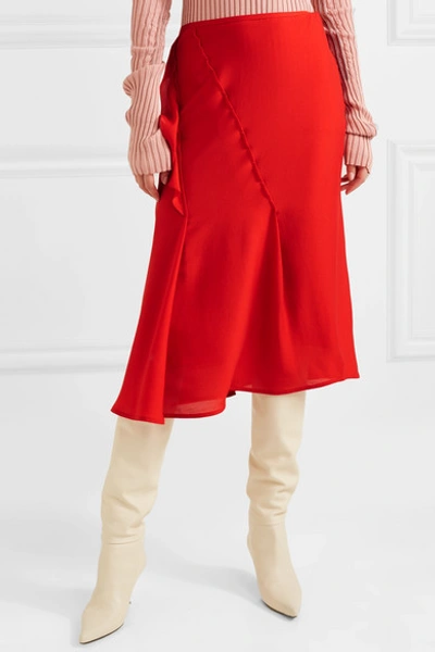 Shop Victoria Beckham Ruffled Silk Crepe De Chine Midi Skirt In Red