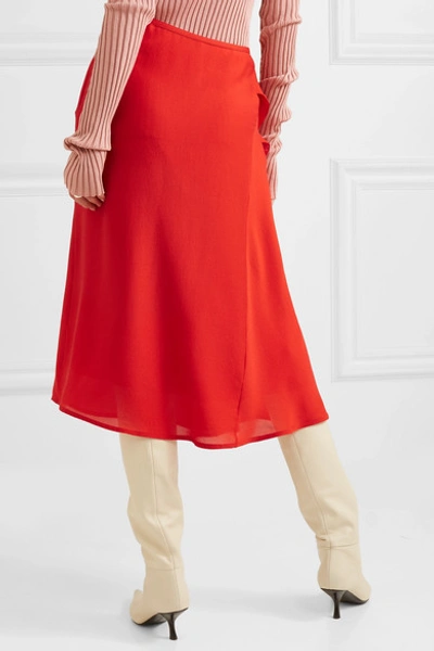 Shop Victoria Beckham Ruffled Silk Crepe De Chine Midi Skirt In Red