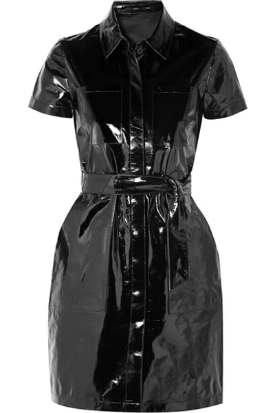 Shop J Brand Lucille Belted Patent-leather Mini Shirt Dress In Black