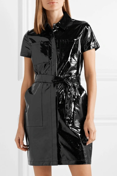 Shop J Brand Lucille Belted Patent-leather Mini Shirt Dress In Black