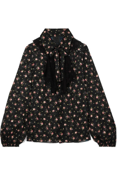 Shop Anna Sui Pussy-bow Lace-trimmed Floral-print Devoré-georgette Blouse In Black