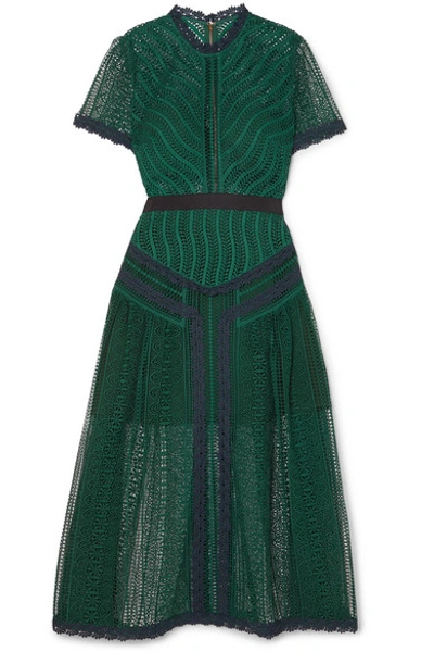 Shop Self-portrait Guipure Lace Midi Dress In Emerald