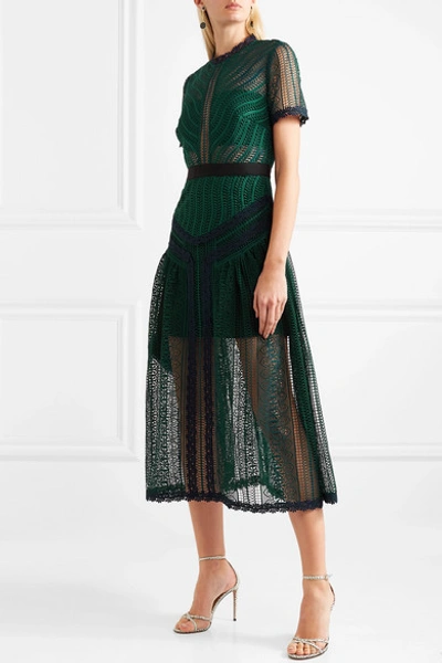 Shop Self-portrait Guipure Lace Midi Dress In Emerald