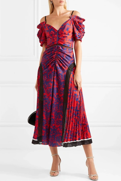 Shop Self-portrait Cold-shoulder Floral-print Satin Midi Dress In Red