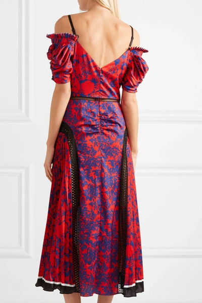 Shop Self-portrait Cold-shoulder Floral-print Satin Midi Dress In Red