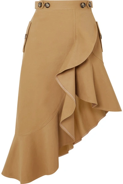 Shop Self-portrait Asymmetric Ruffled Cotton-canvas Skirt In Camel
