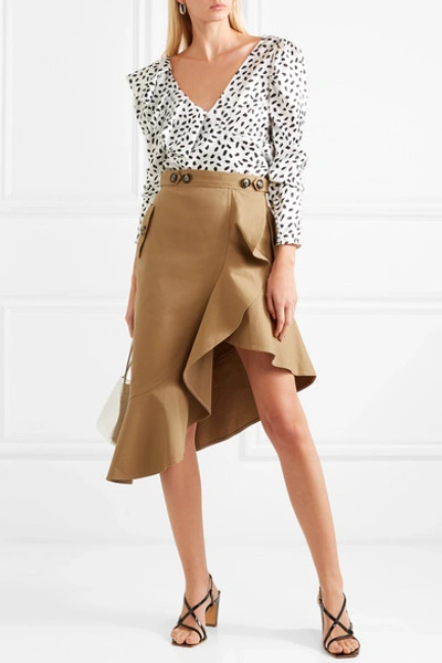 Shop Self-portrait Asymmetric Ruffled Cotton-canvas Skirt In Camel