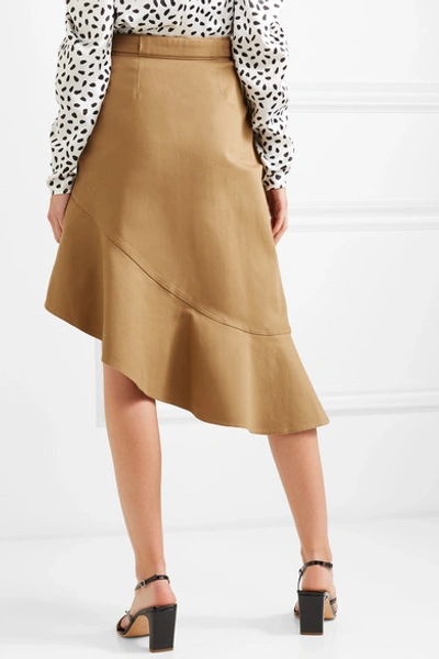 Shop Self-portrait Asymmetric Ruffled Cotton-canvas Skirt In Camel