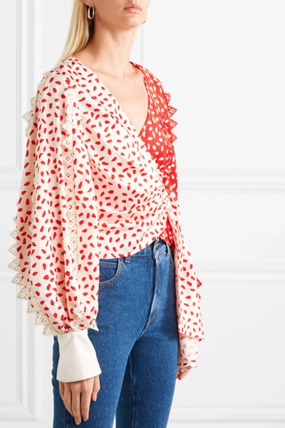 Shop Self-portrait Guipure Lace-trimmed Printed Satin Wrap Top In Red