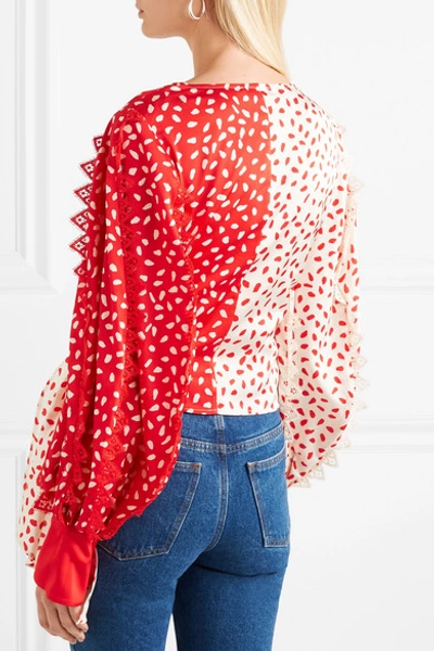 Shop Self-portrait Guipure Lace-trimmed Printed Satin Wrap Top In Red