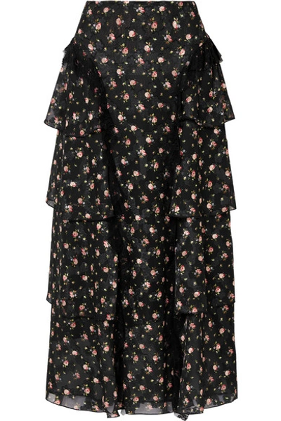 Shop Anna Sui Lace-trimmed Tiered Floral-print Devoré-georgette Skirt In Black